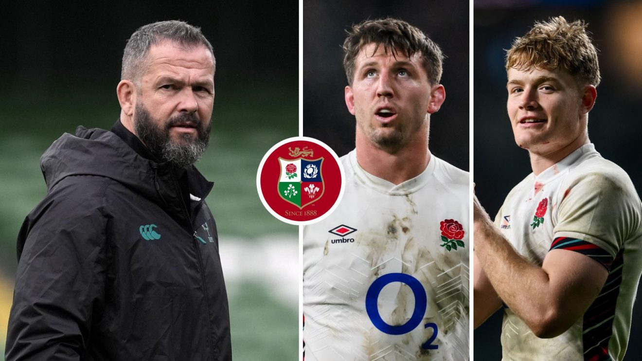 A three pannell image of Andy Farrell, Tom Curry and Fin Smith