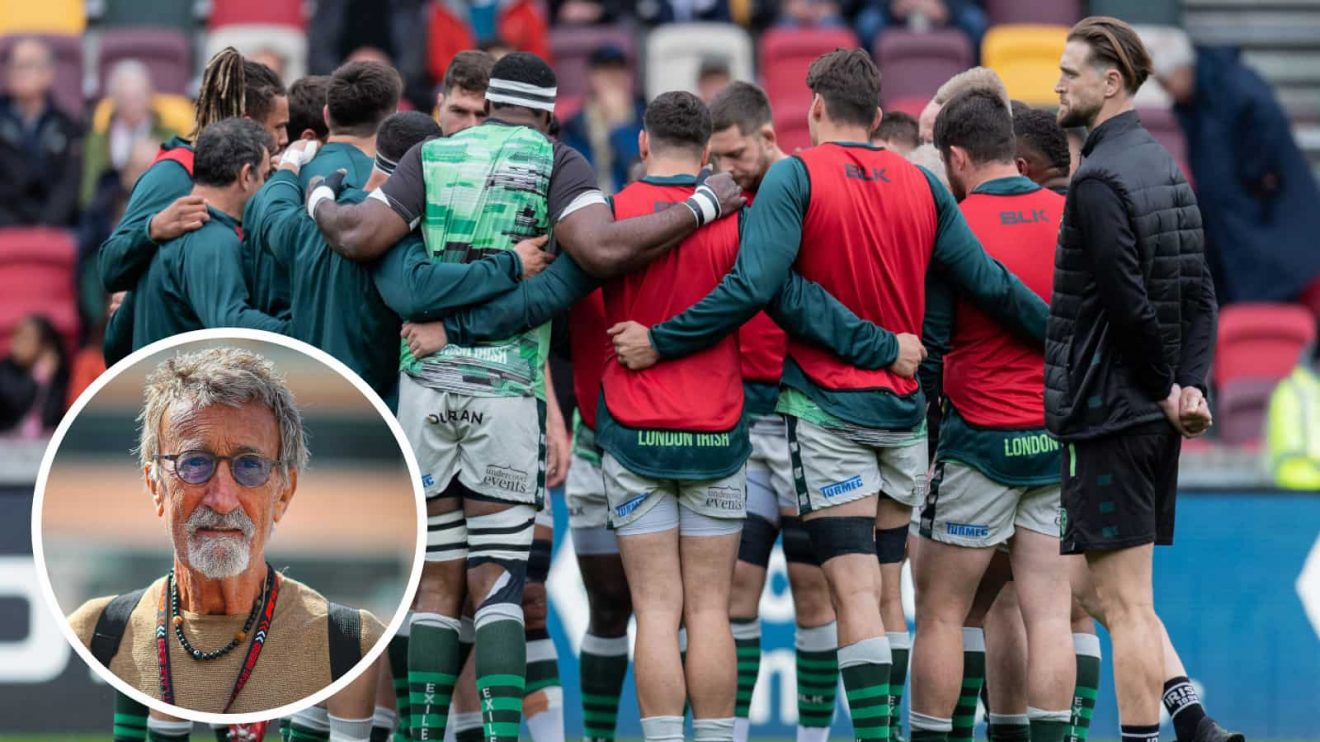 London Irish players in a huddle before final Premiership match and ex-Formula 1 team owner Eddie Jordan (inset).
