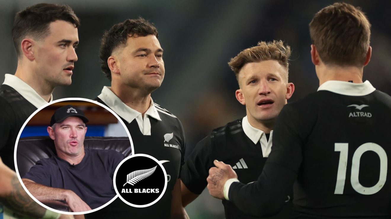 Beauden Barrett speaking with fellow playmaker Damian McKenzie during Autumn Nations Series and All Blacks hero Stephen Donald (inset).