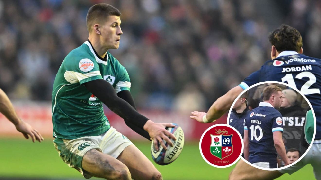 Sam Prendergast in action for Ireland against Scotland in the Six Nations and Finn Russell being forced off (inset).
