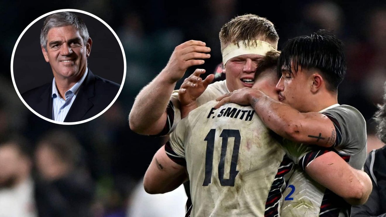 England players Fin Smith, Marcus Smith and Fin Baxeter celebrate beating France with an insert of ex-Springboks coach Nick Mallett.