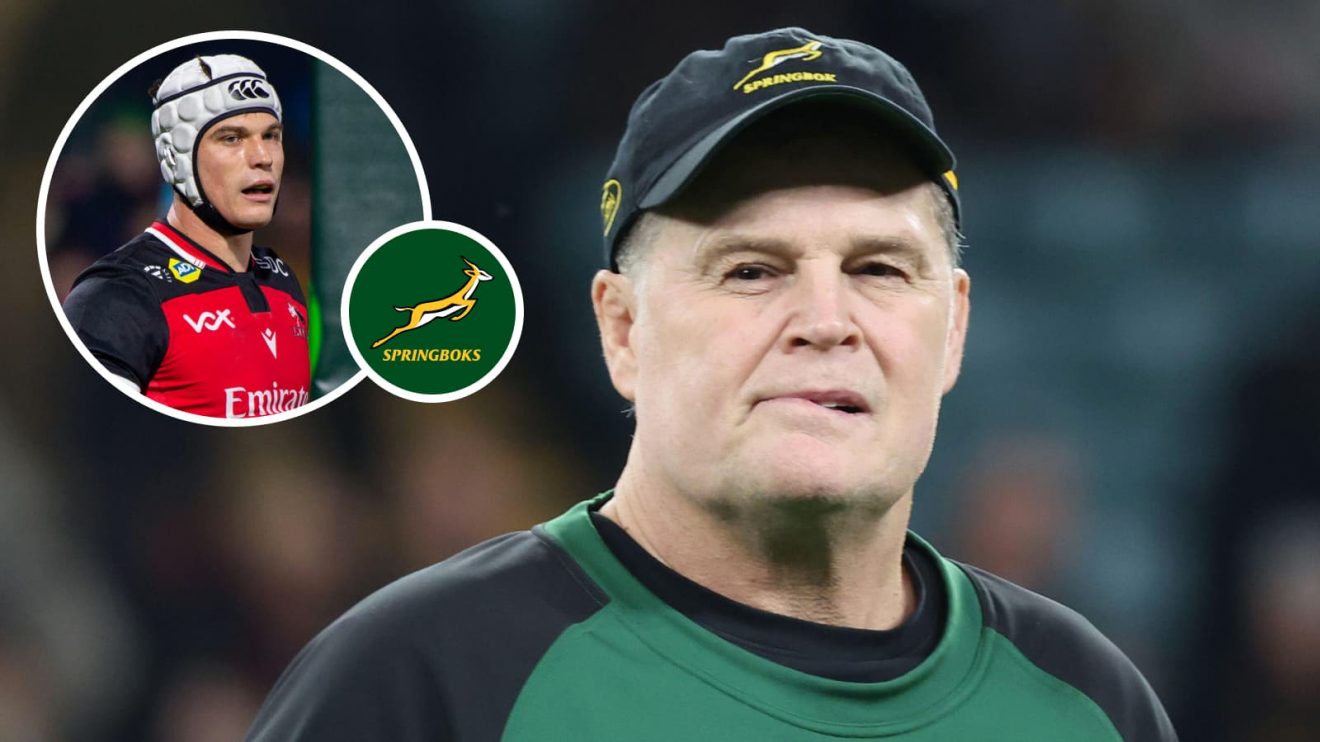 Springboks head coach Rassie Erasmus and an insert of Henco van Wyk.