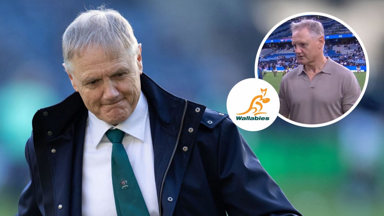 Wallabies head coach Joe Schmidt and him being interviewed (inset) before Waratahs v Highlanders Super Rugby Pacific clash.