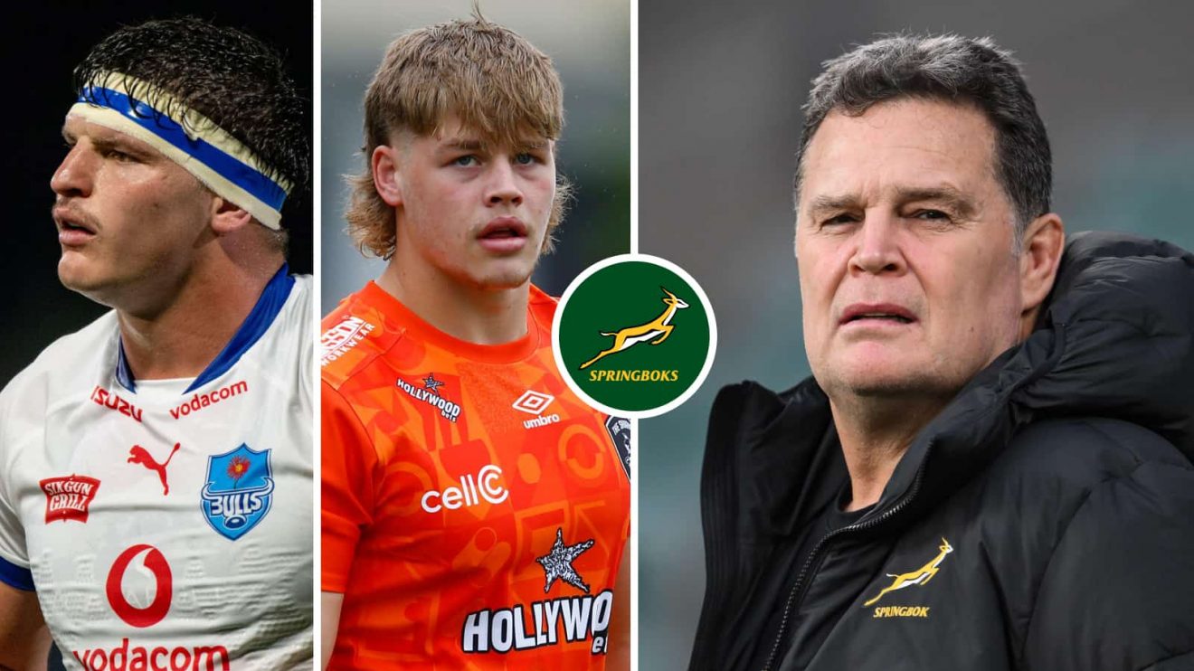Bulls lock JF van Heerden, Sharks hooker Ethan Bester and Springboks head coach Rassie Erasmus.