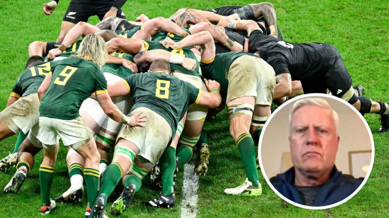 Springboks scrummaging at the 2023 Rugby World Cup and pundit Matt Williams (inset).