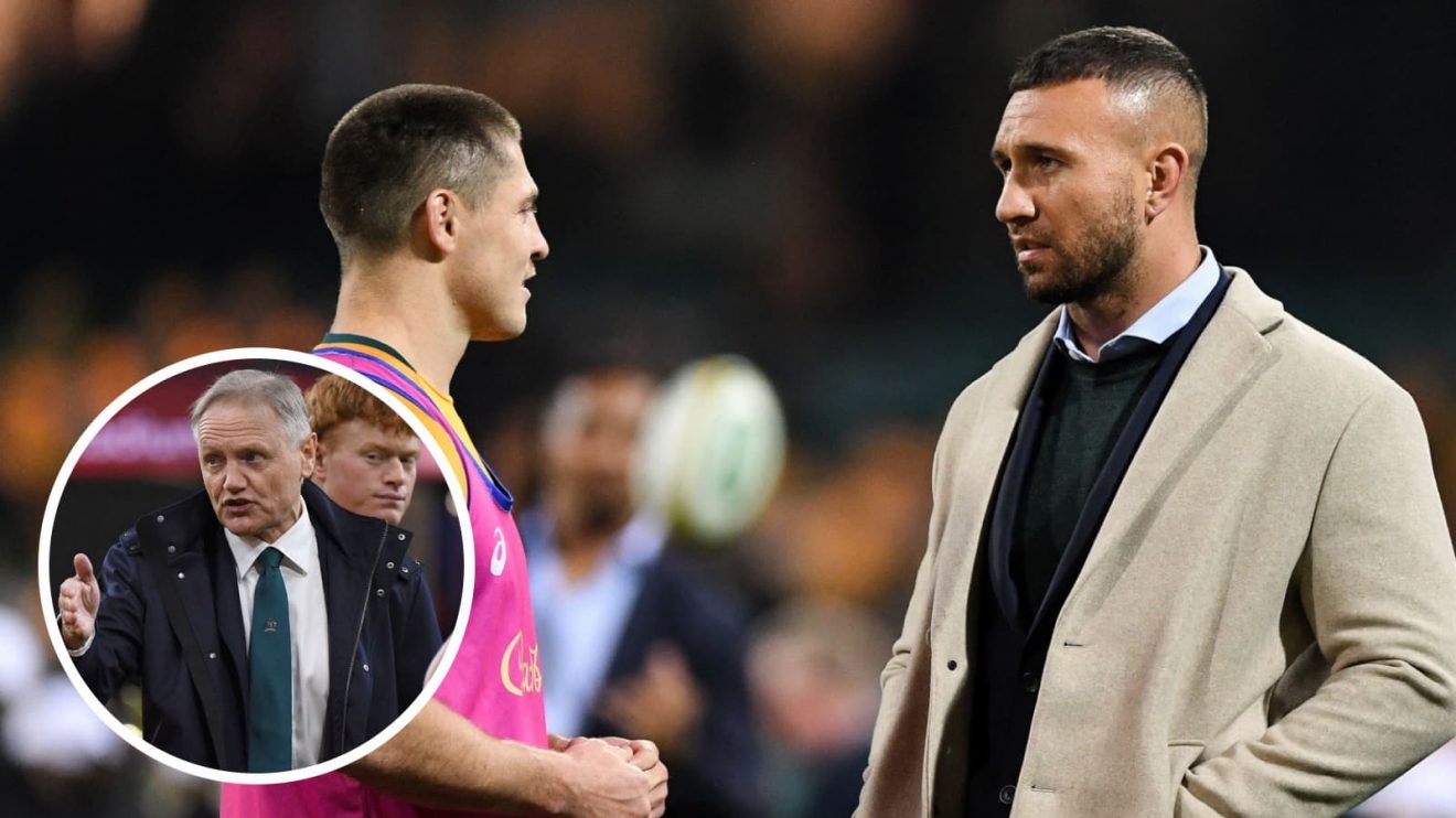 Quade Cooper speaking with James O'Connor, and Wallabies head coach Joe Schmidt (inset).