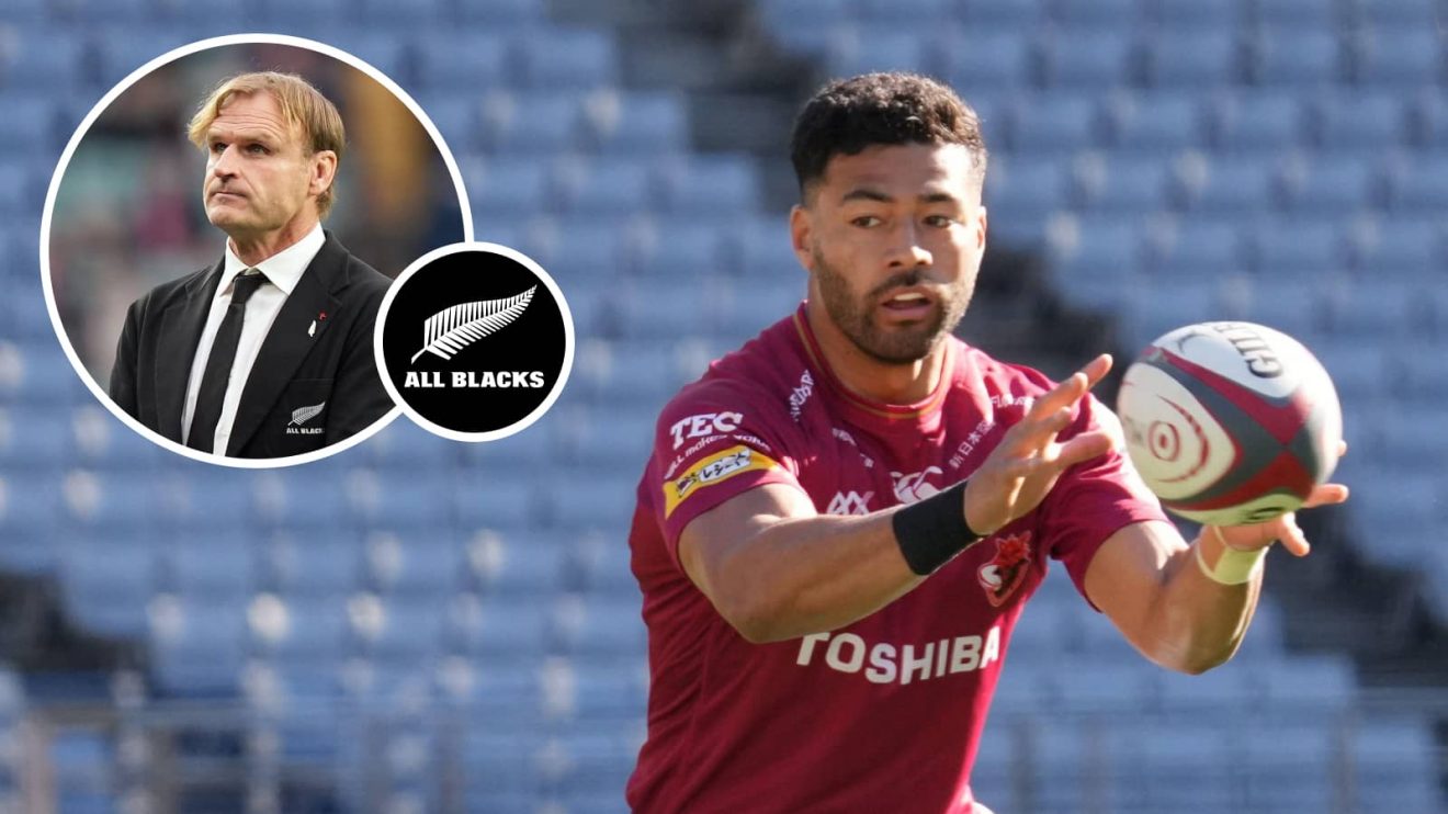 Richie Mo'unga and an insert of All Blacks head coach Scott Robertson.