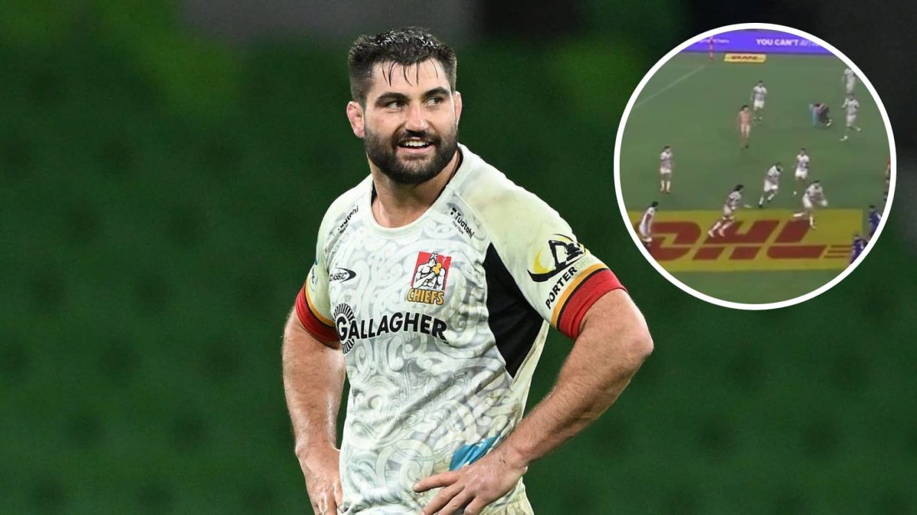Chiefs captain Luke Jacobson and an insert of the pitch invader during the Super Rugby match at Eden Park