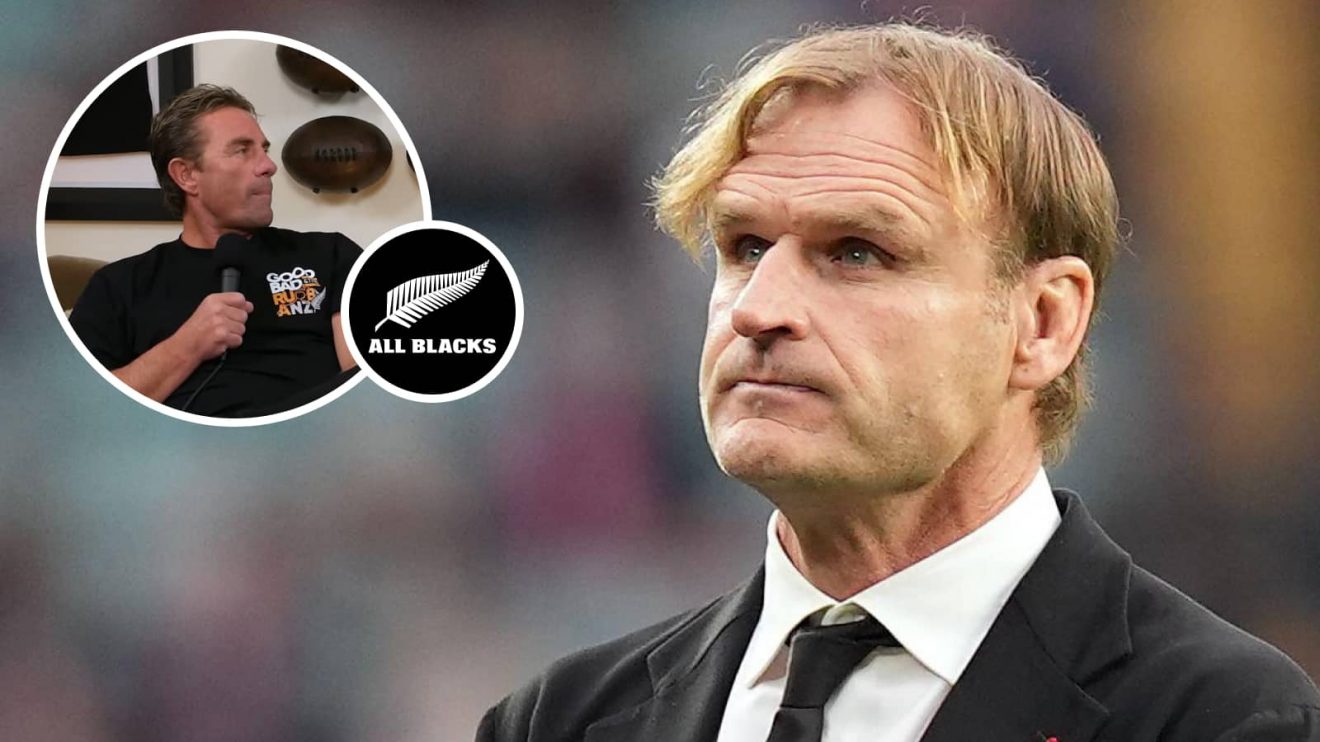 All Blacks head coach Scott Robertson and an insert of ex-scrum-half Justin Marshall.