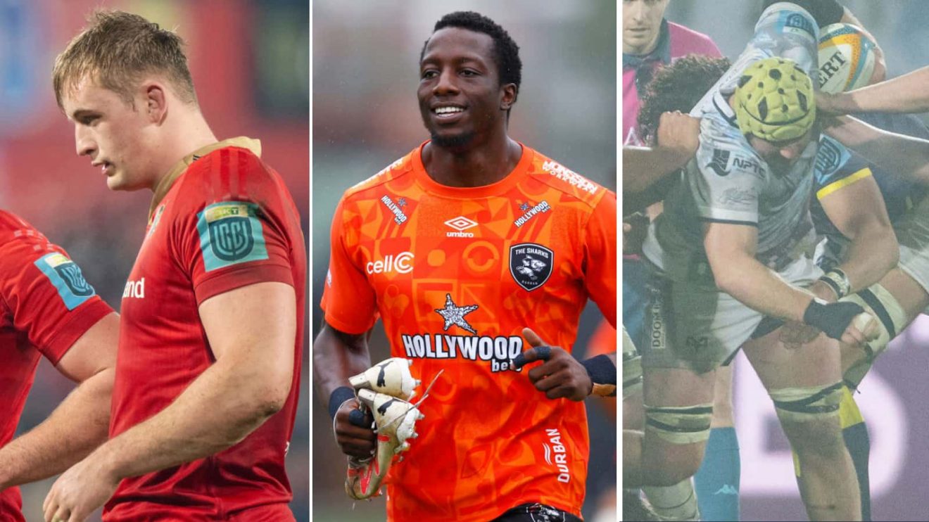 Gavin Coombes (left), Tino Mavesere (middle) and Harri Deaves (right) for Munster, Sharks and Ospreys respectively, who were named in the Round 11 URC Team of the Week.