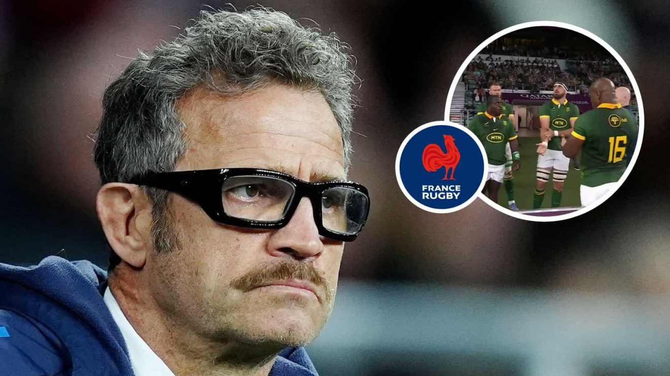 France head coach Fabien Galthie and an insert of the Springboks Bomb Squad replacements.