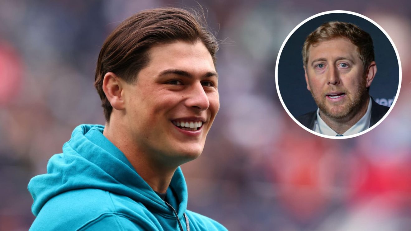 Louis Rees-Zammit and an insert of new Jacksonville Jaguars head coach Liam Coen.