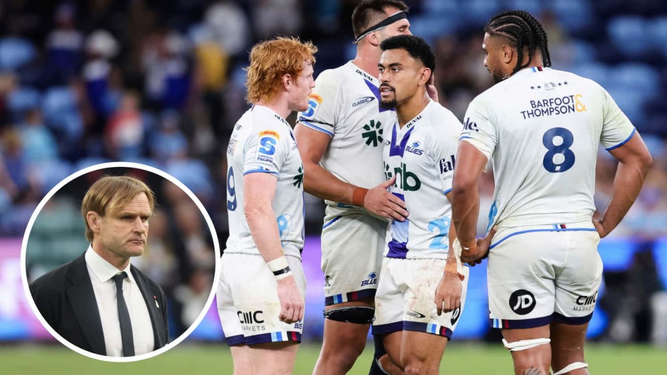 Hoskins Sotutu alongside Finlay Christie for the Blues and All Blacks head coach Scott Robertson (inset).