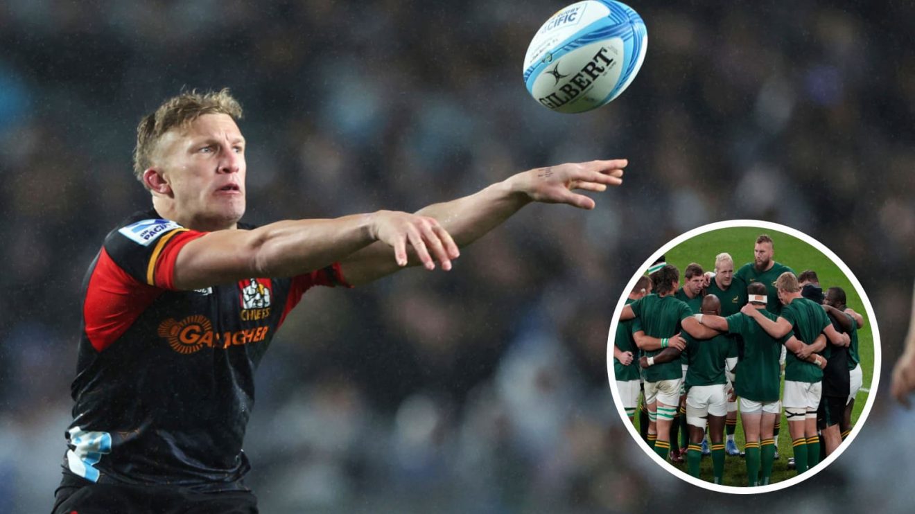 All Blacks star Damian McKenzie in action for the Chiefs against the Blues and Springboks team in a huddle (inset).