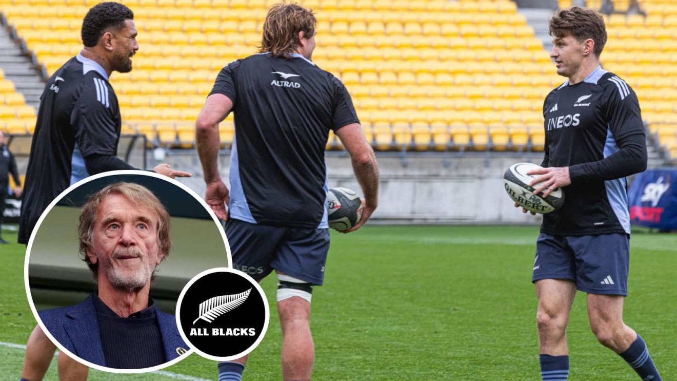 All Blacks stars in training with Ineos-sponsored kit, and Manchester United owner Sir Jim Ratcliffe. (Image credit - James Foy / Speed Media AU / Iconsportswire)