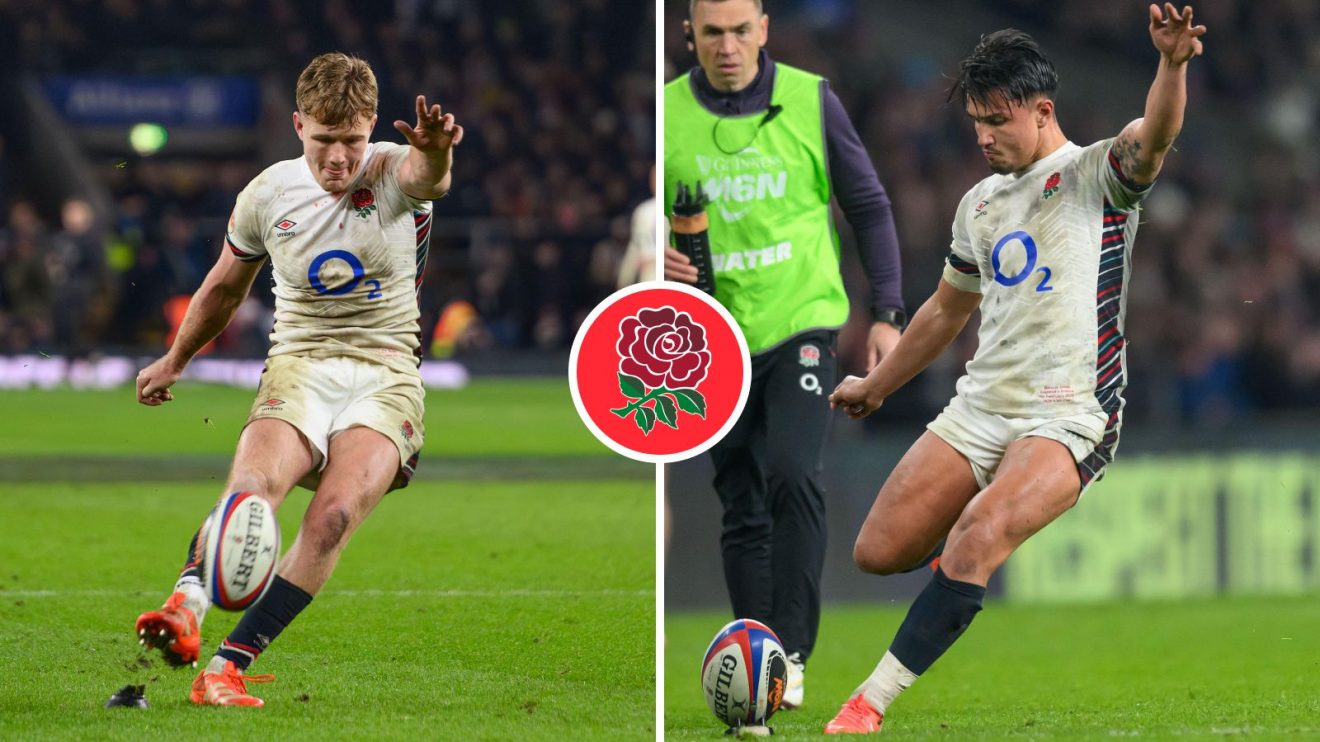 England backs Fin Smith and Marcus Smith kicking against France in the 2025 Six Nations