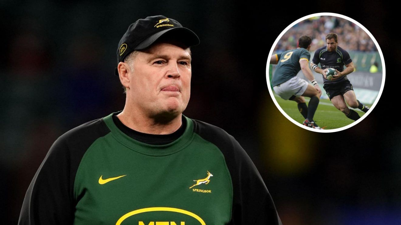 Springboks head coach Rassie Erasmus and an insert of Craig Burden playing for the World XV