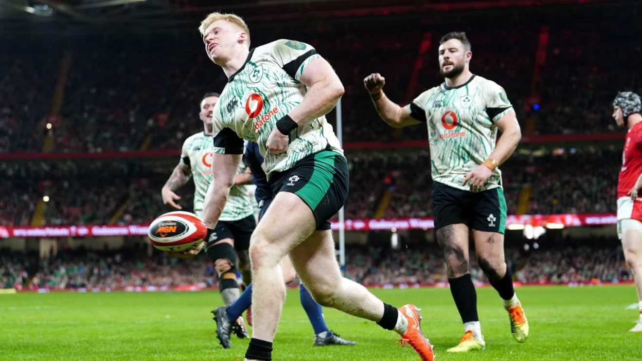 Jamie Osborne celebrating try for Ireland v Wales in 2025 Six Nations.