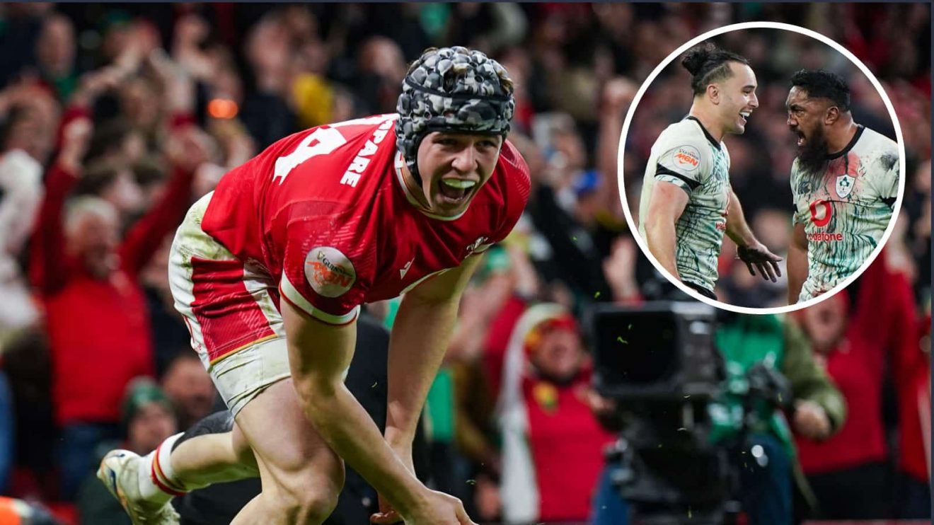 Wales winger Tom Rogers and an insert of Bundee Aki and James Lowe during the 2025 Six Nations