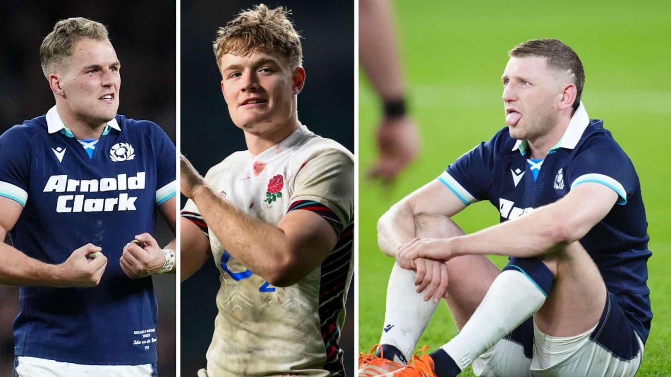 Scotland winger Duhan van der Merwe, England's Fin Smith and Scotland's Finn Russell