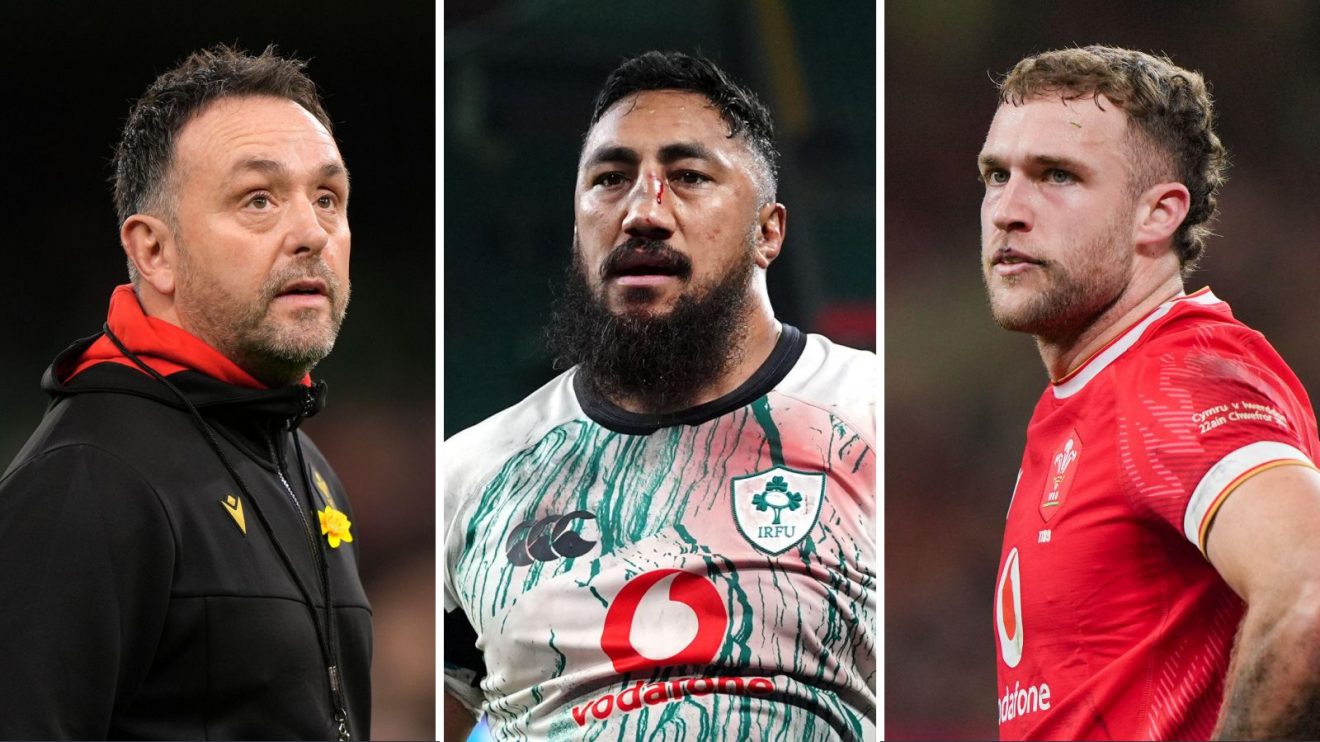 A three pannell image of Matt Sherratt, Bundee Aki and Max Llewellyn