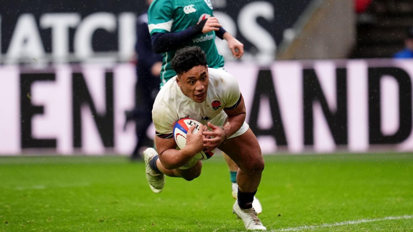 Exeter Chiefs number eight Greg Fisilau scoring for England A against Ireland A in 2025