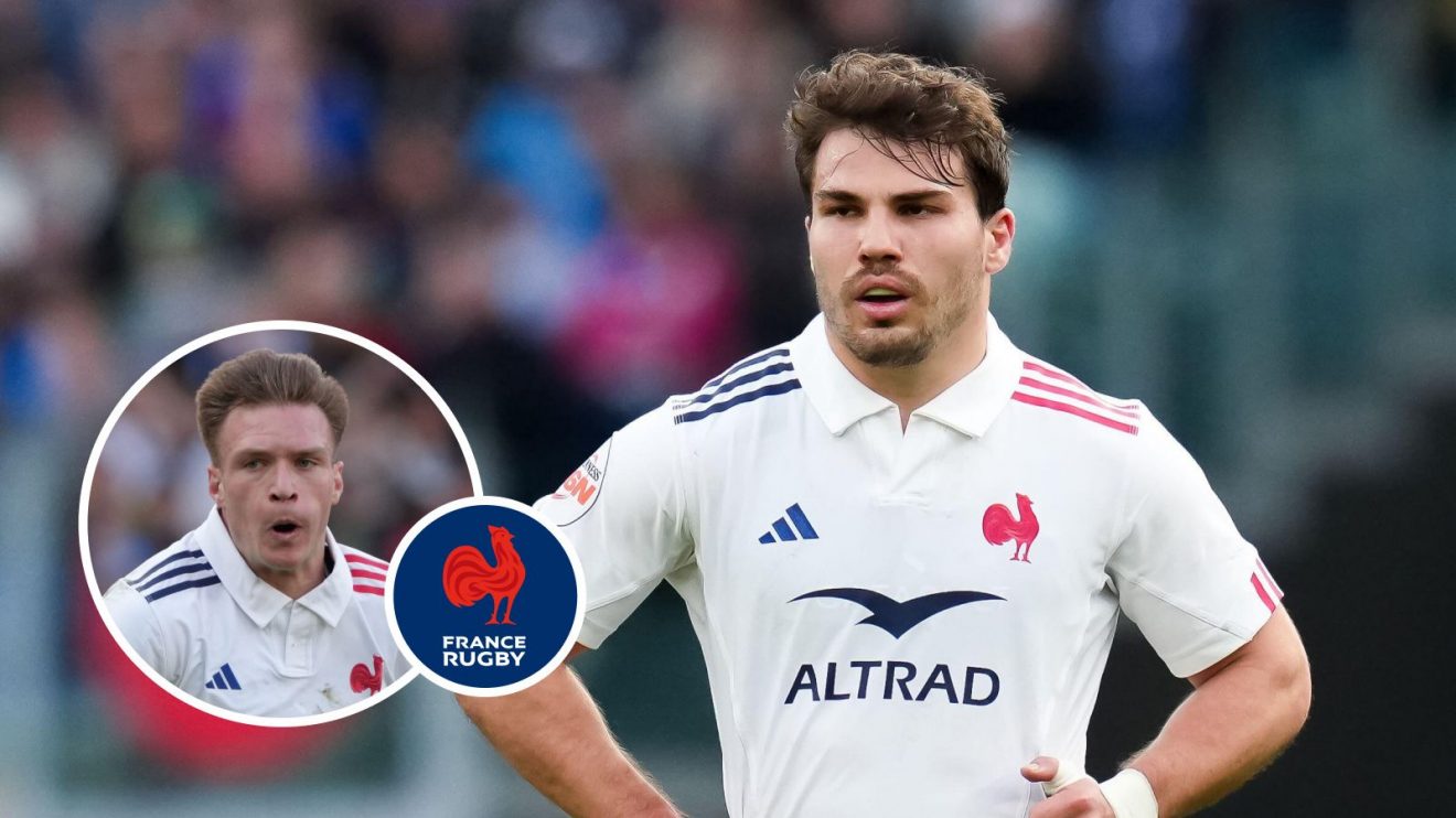 A two layered image of Antoine Dupont and Leo Barre