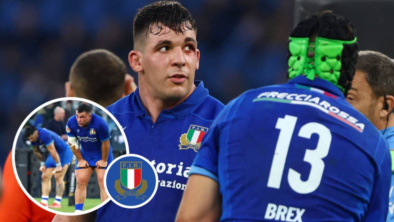Italy centre Juan Ignacio Brex, and fellow Azzurri team-mates (inset) dejected during Six Nations hammering by France.