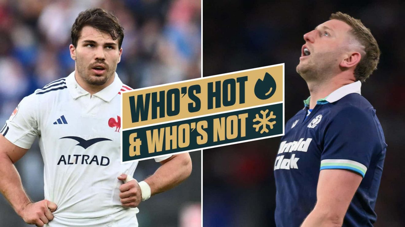 Split image of France captain Antoine Dupont and Scotland skipper Fin Russell during the 2025 Six Nations.