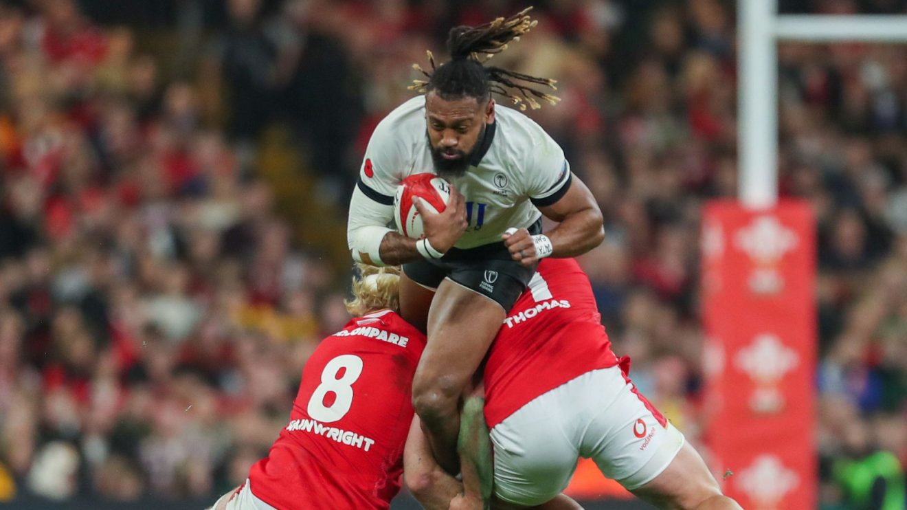 Fiji centre Waisea Nayacalevu taking contact against Wales.