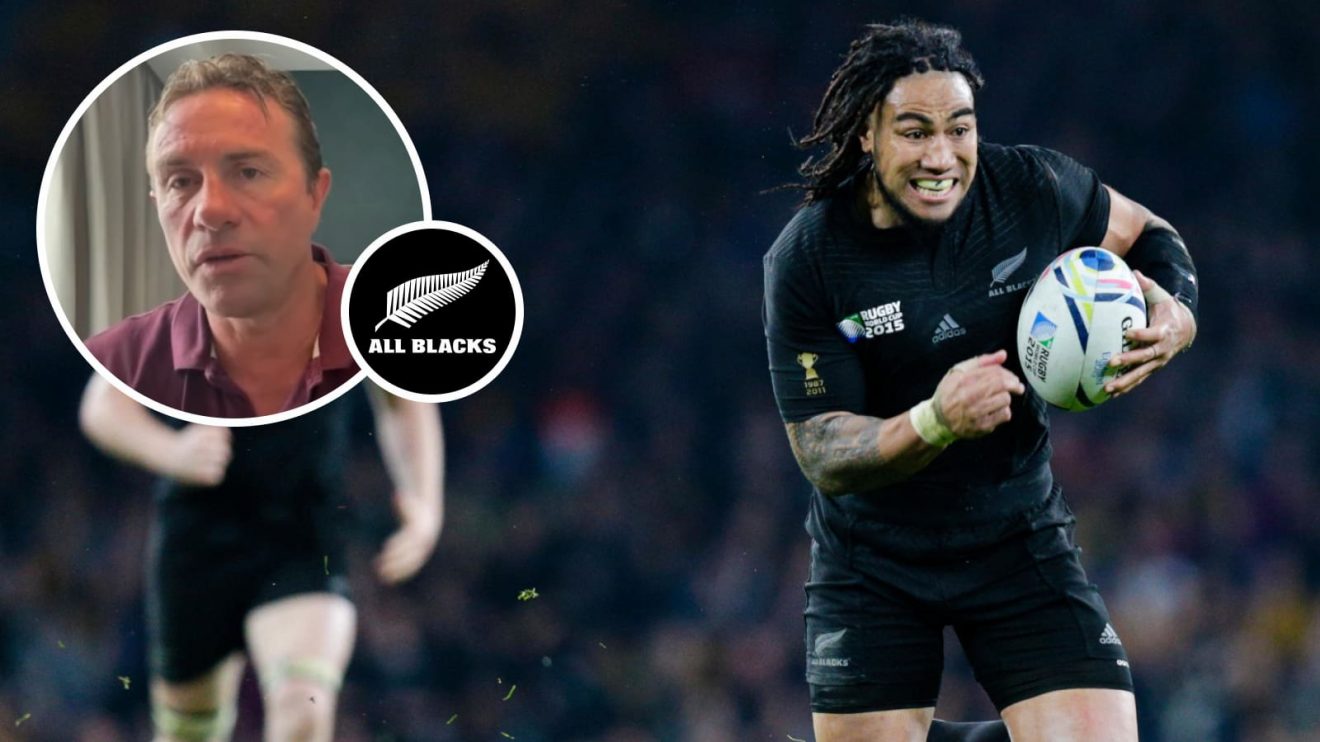 Ma'a Nonu scoring a try for New Zealand in the 2015 Rugby World Cup final and former All Blacks scrum-half Justin Marshall (inset).
