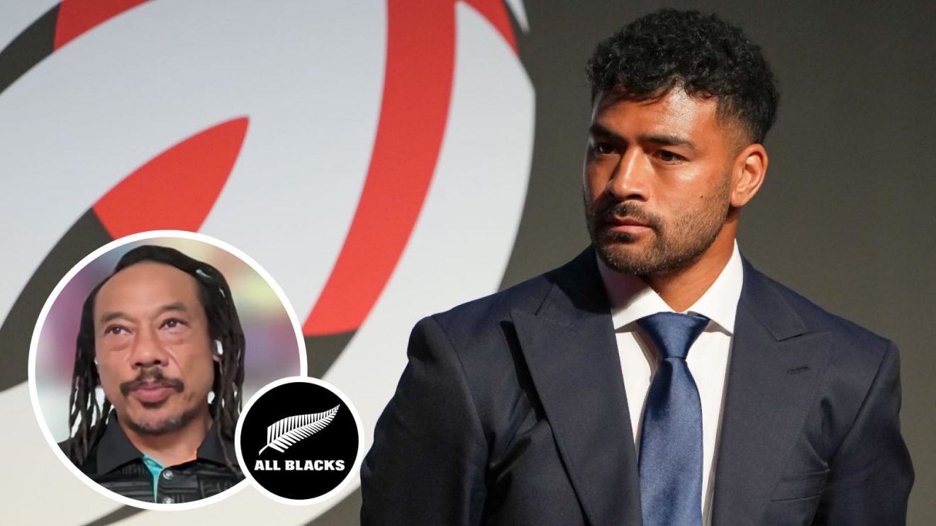 Fly-half Richie Mo'unga and All Blacks legend Tana Umaga (inset).