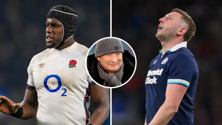 England captain Maro Itoje and Scotland co-captain Finn Russell with an insert of Eddie Jones.
