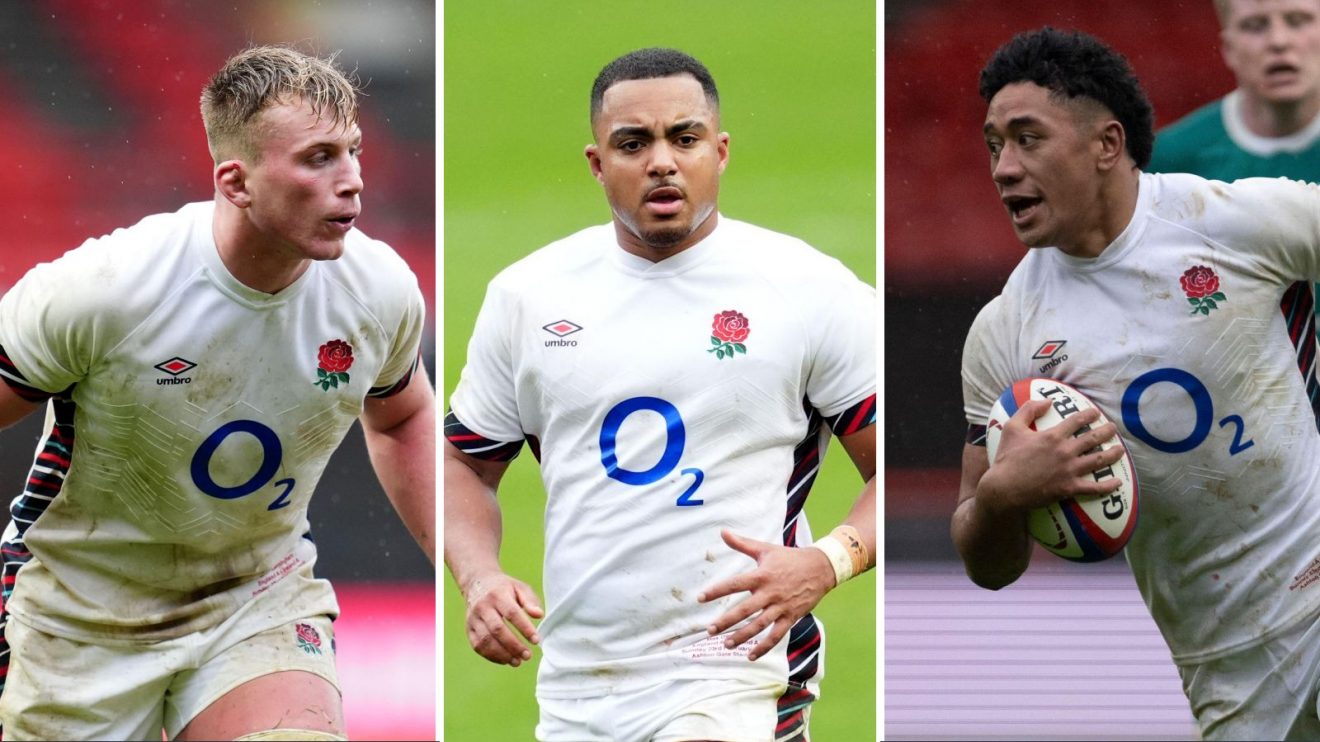 A three pannell image of Jack Kenningham, Max Ojomoh and Greg Fisilau in England A action