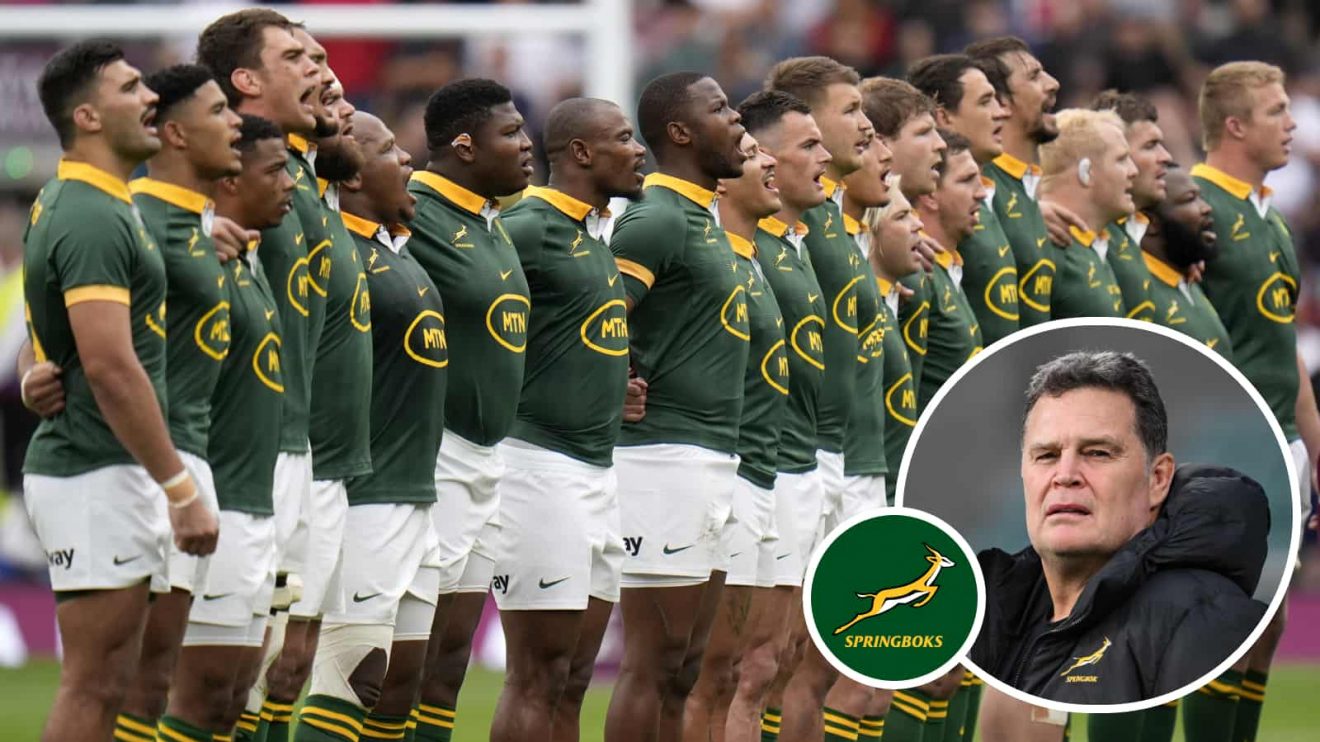 Springboks during the South African national anthem and an insert of Rassie Erasmus.