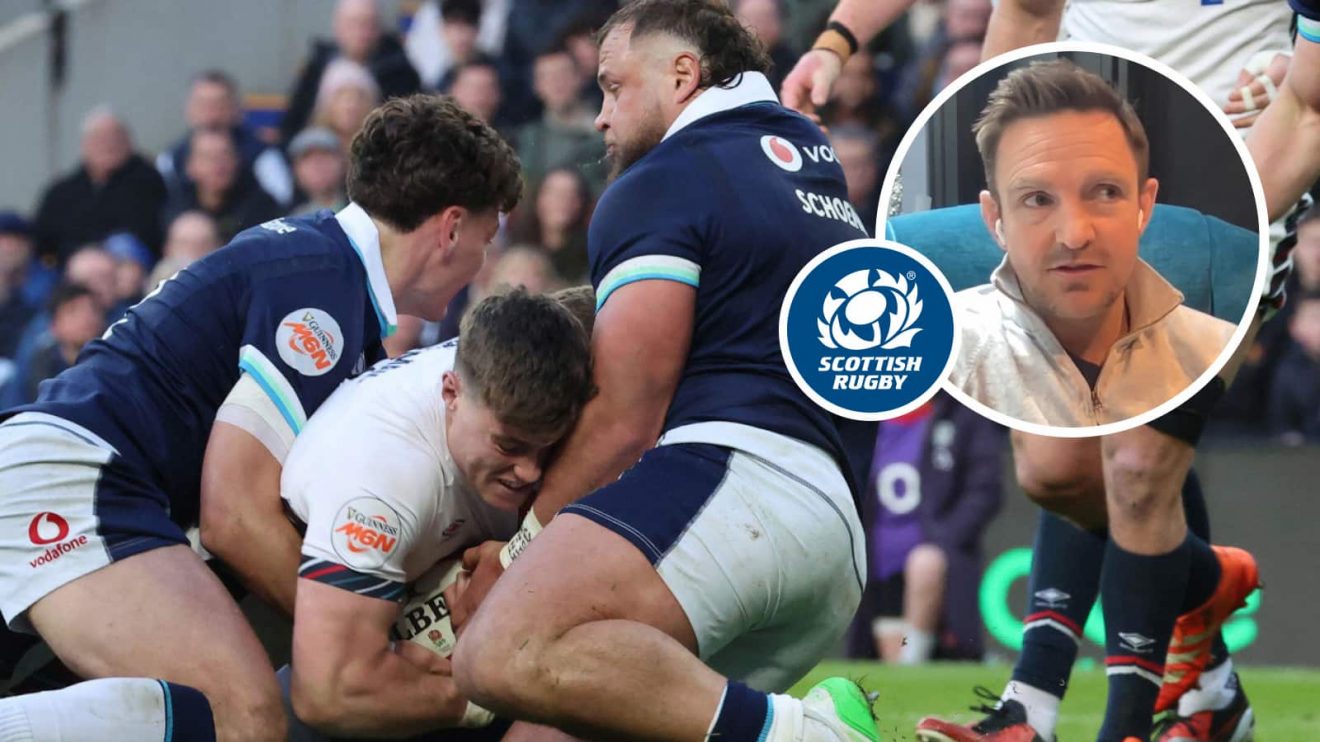 Tommy Freeman going over for controversial try and former Scotland captain Rory Lawson (inset).