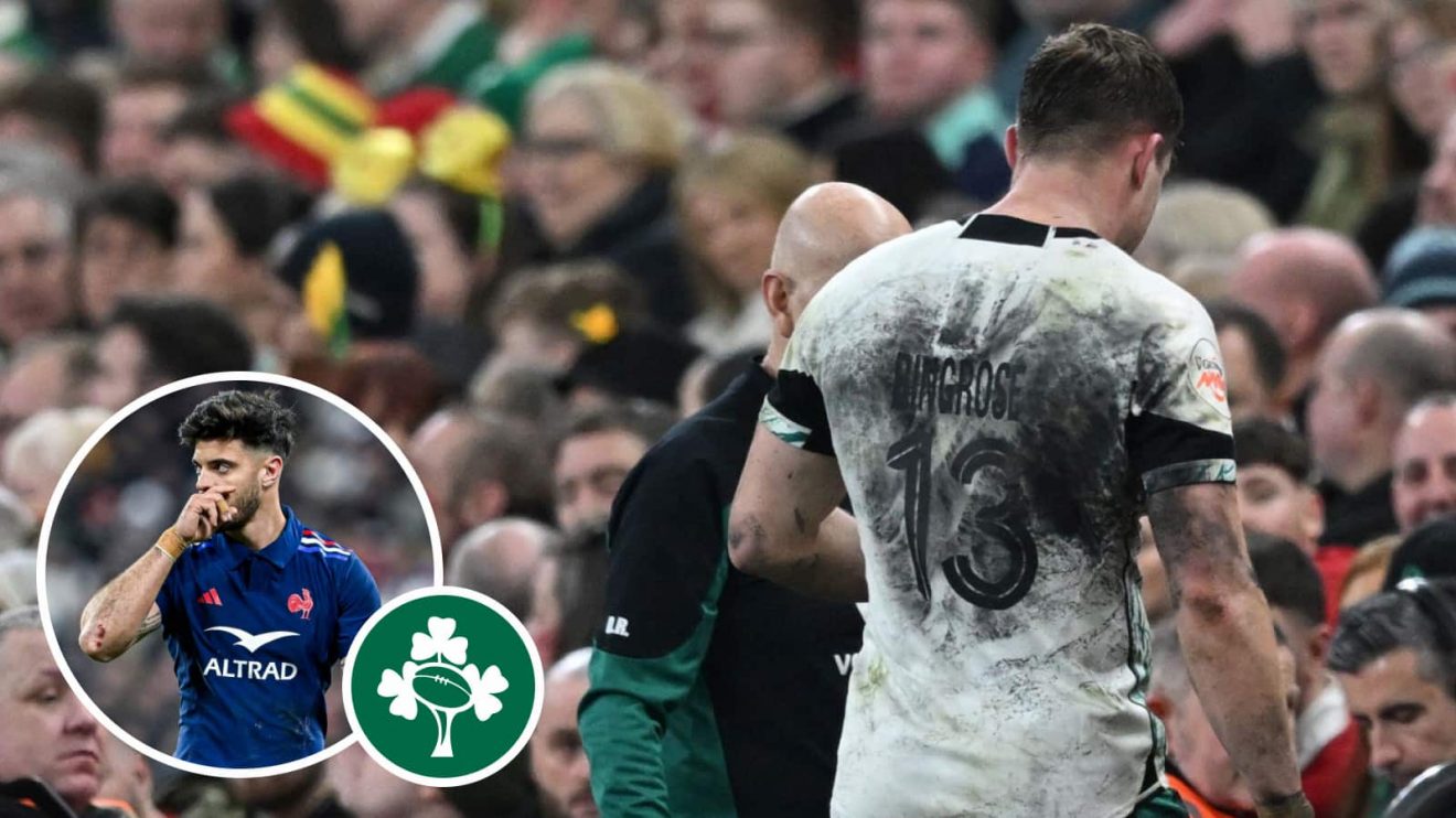 Ireland centre Garry Ringrose after being yellow carded and France fly-half Romain Ntamack (inset).