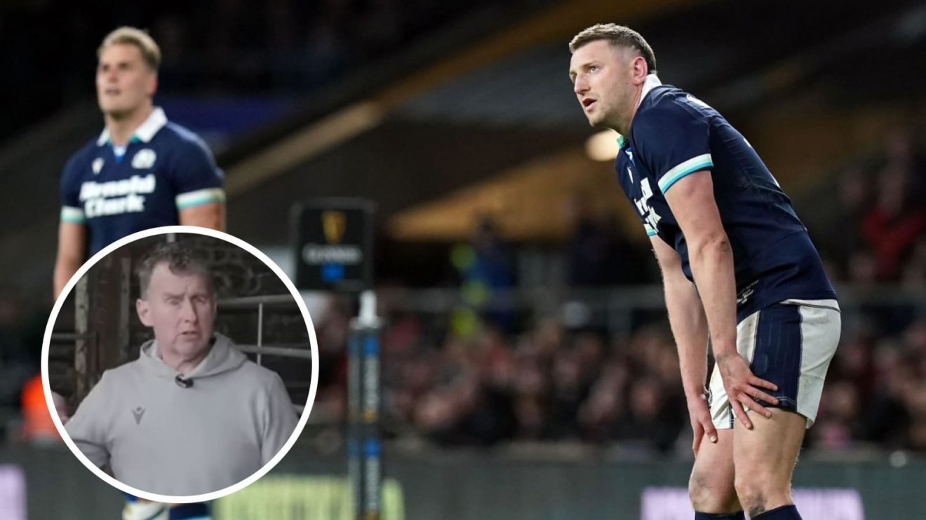 Scotland's Finn Russell after missed conversion against England in Six Nations and former Test referee Nigel Owens (inset).