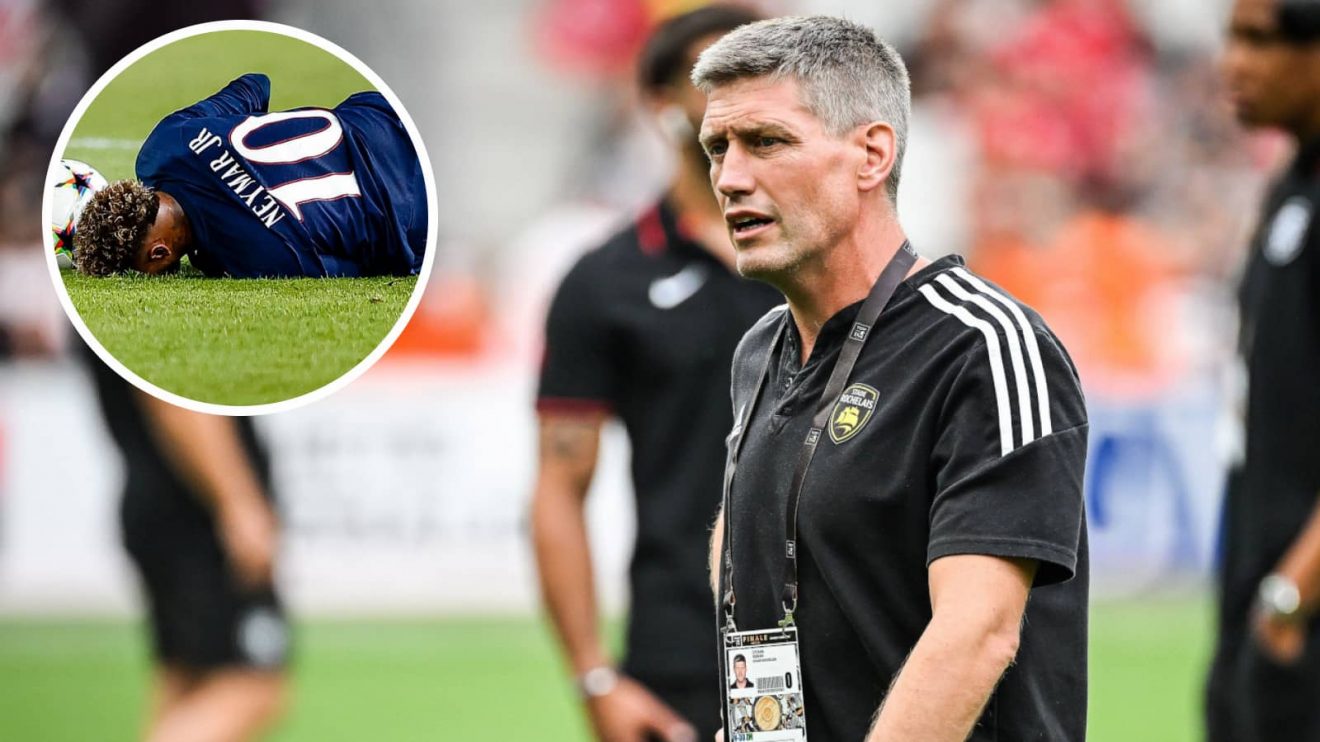 La Rochelle head coach Ronan O'Gara and Neymar (inset) when 'injured' while playing for football team Paris-Saint Germain.