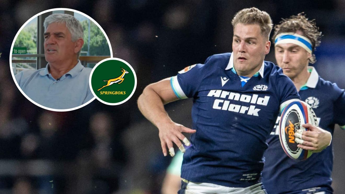 Duhan van der Merwe in action for Scotland against England in Six Nations and former Springboks head coach Nick Mallett (inset).