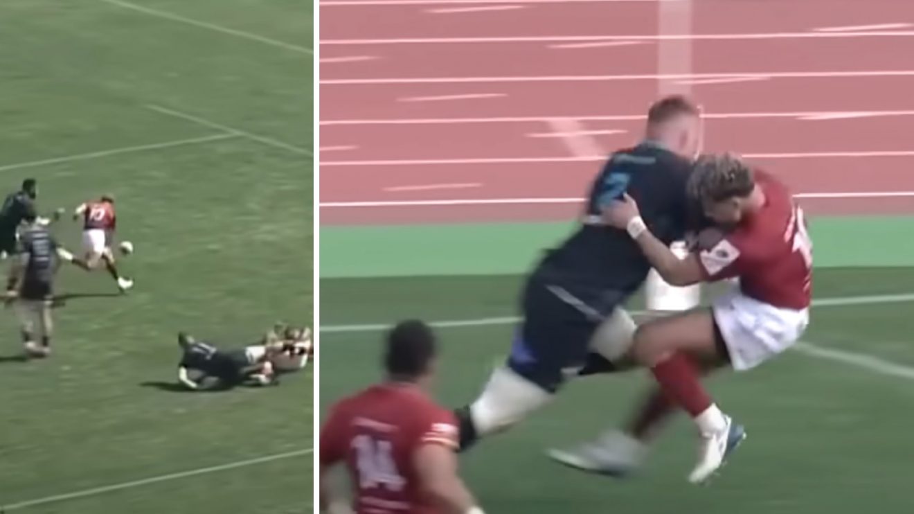 Richie Mounga botches a try in Japan and an image of Malcolm Marx running over him.