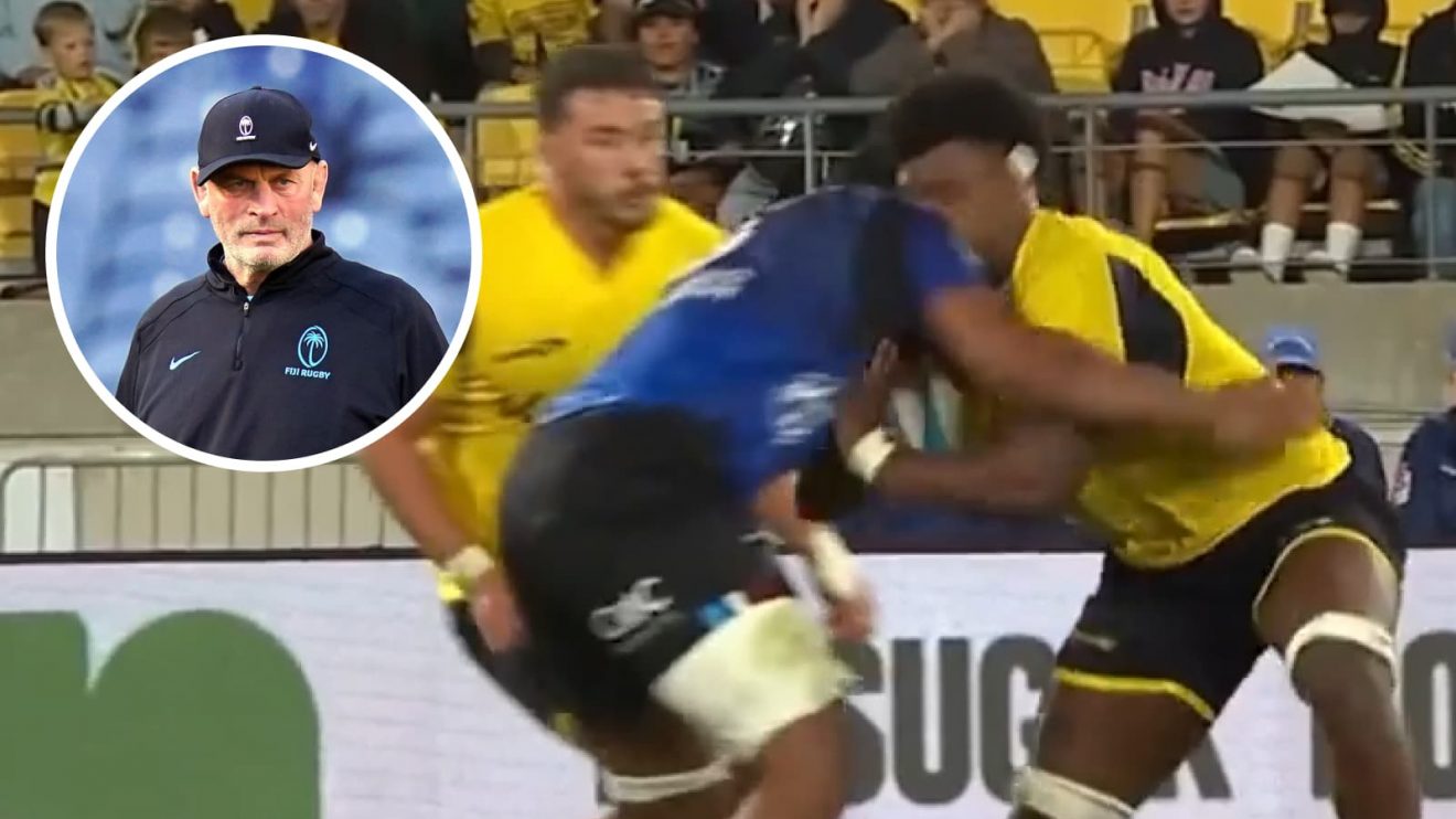 Hoskins Sotutu dangerous tackle on Peter Lakai in Super Rugby Pacific and an insert of head coach Vern Cotter.