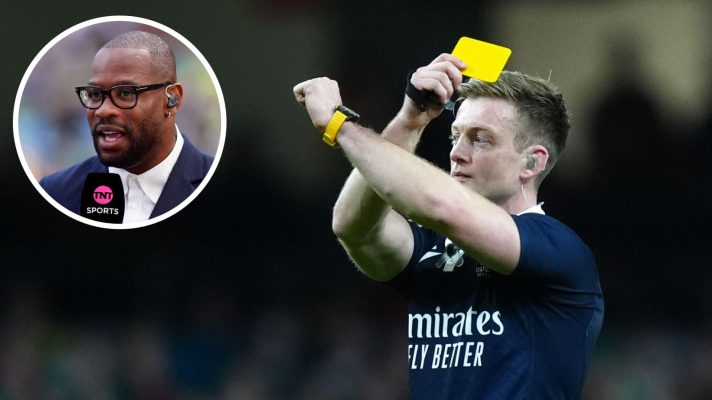 Referee Christophe Ridley awards a bunker review for Ireland's Garry Ringrose during the Guinness Men's Six Nations match and an insert of former England winger Ugo Monye.