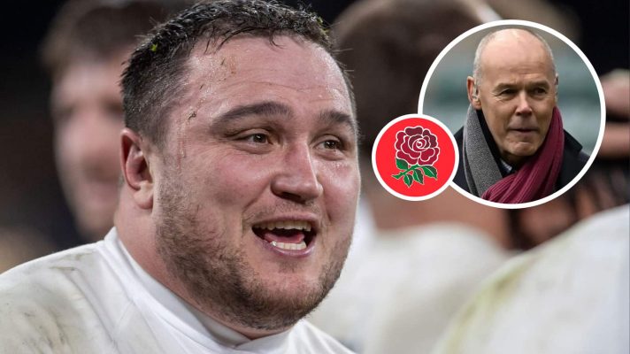 England hooker Jamie George and an insert of Sir Clive Woodward.