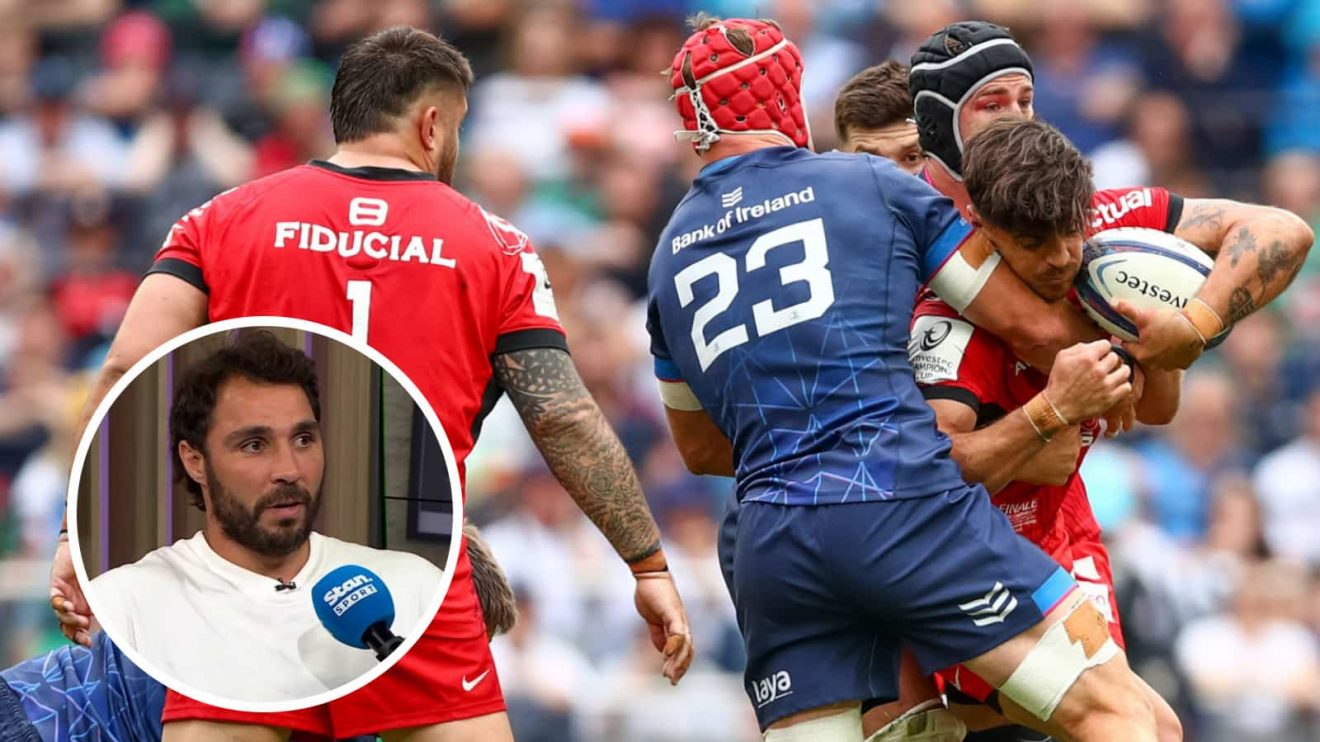 Leinster taking on Toulouse in the 2024 Champions Cup final and former Wallaby half-back Nick Phipps (inset).