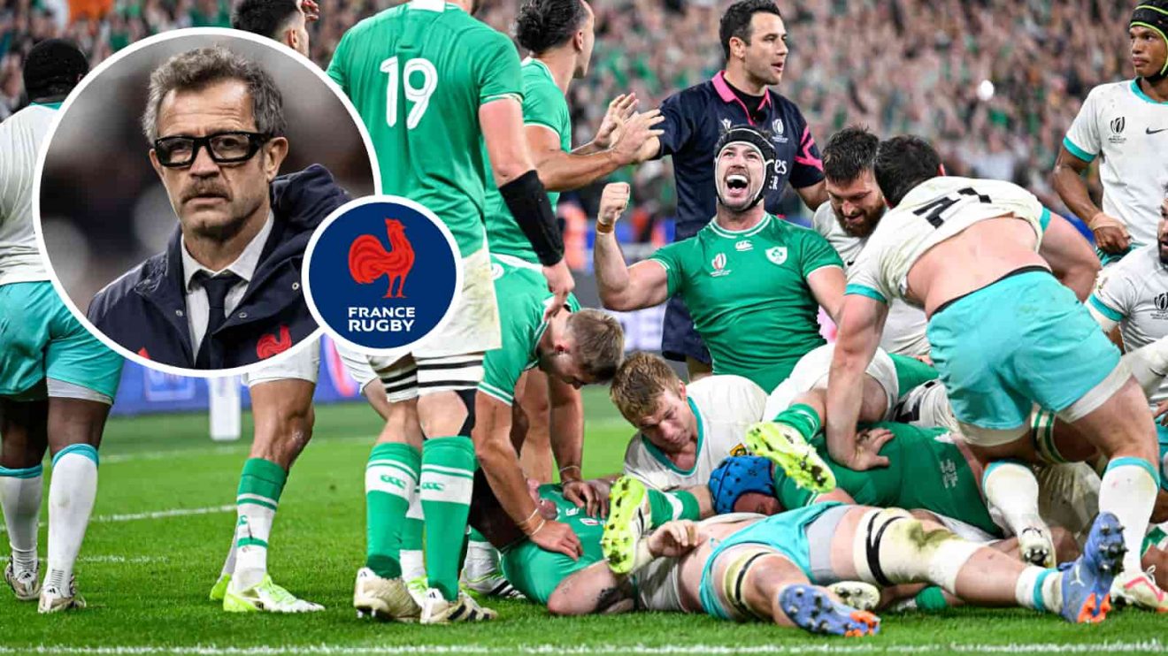 Ireland v Springboks during the 2023 Rugby World Cup and an insert of France head coach Fabien Galthie.