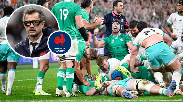 Ireland v Springboks during the 2023 Rugby World Cup and an insert of France head coach Fabien Galthie.
