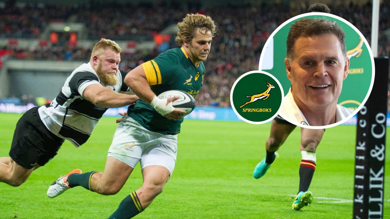 Rohan Janse Van Rensburg of South Africa scoring a try during the Killik Cup match between Barbarians and Springboks in 2016 and an insert of Rassie Erasmus.