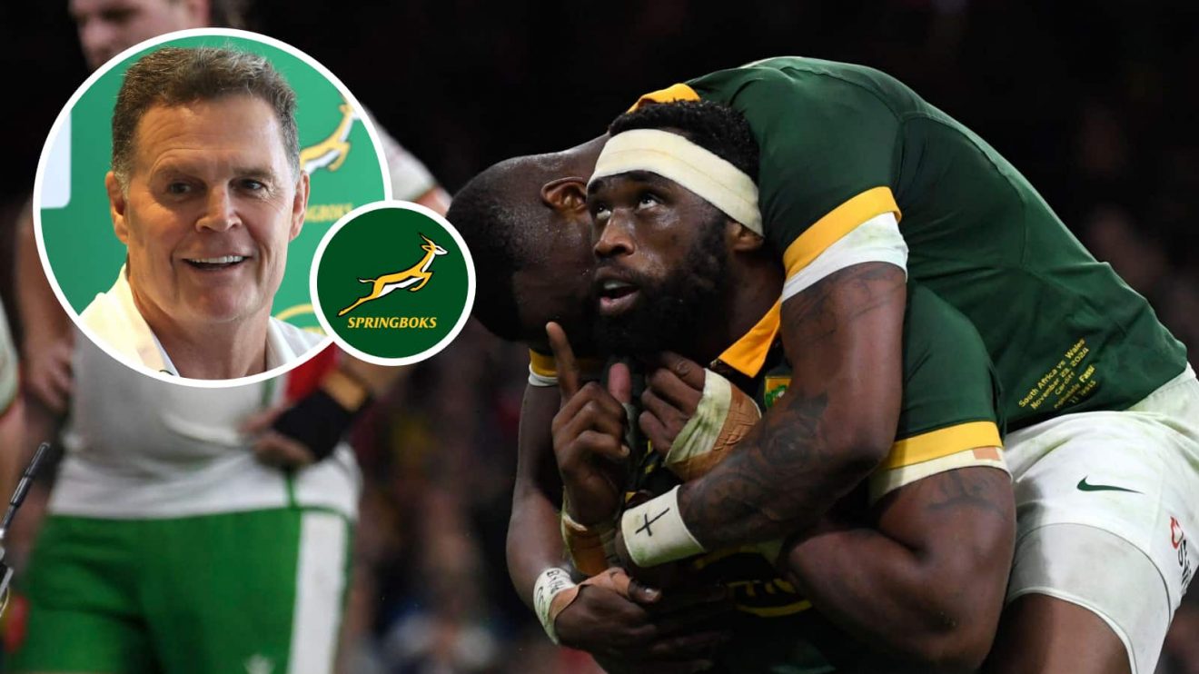 Springboks captain Siya Kolisi and an insert of head coach Rassie Erasmus.