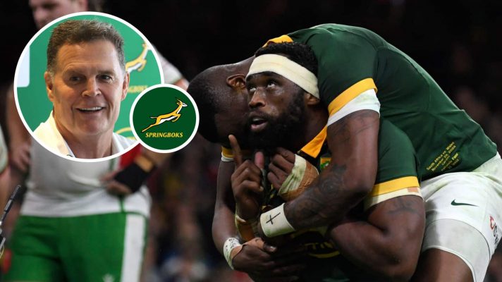 Springboks captain Siya Kolisi and an insert of head coach Rassie Erasmus.